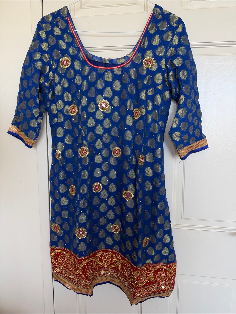 Red and Blue Brocade Indian Salwaar Kameez